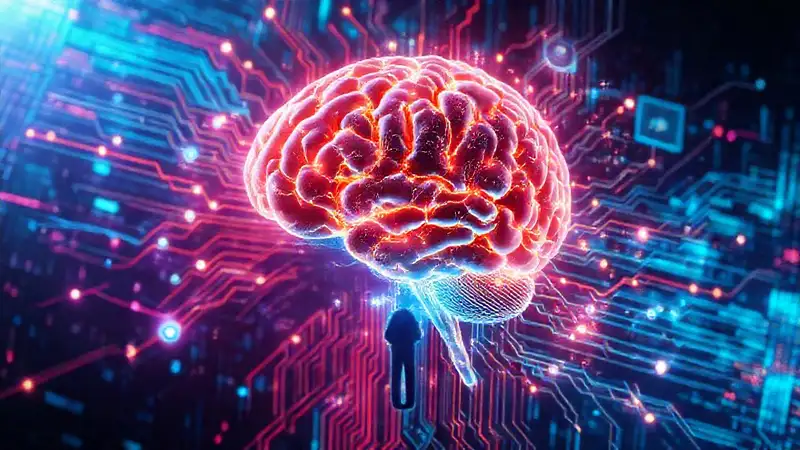 Cerebro futurista con interfaces holográficas