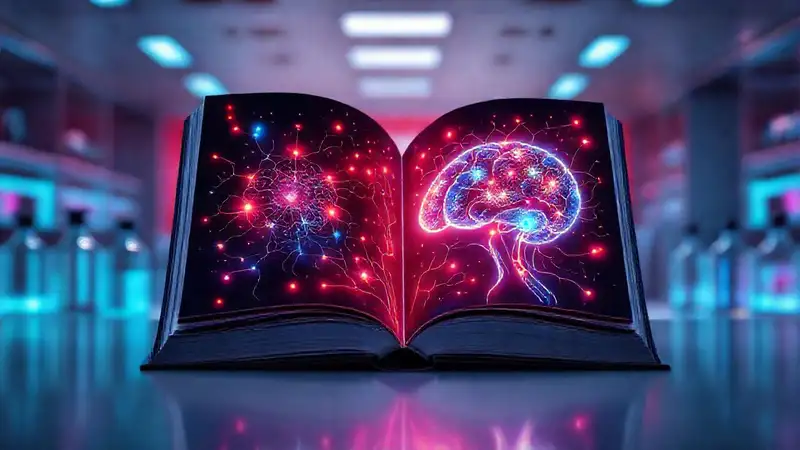 Libro abierto con patrones neuronales brillantes