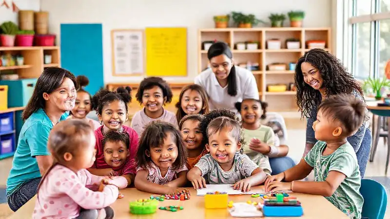 Familias, niños y docentes en entorno inclusivo y vibrante