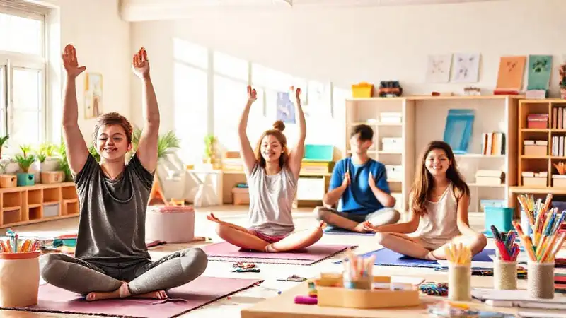 Estudiantes practicando yoga en ambiente relajado