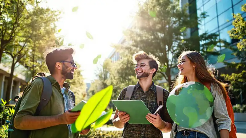 Estudiantes estudiando en un campus ecológico y vibrante