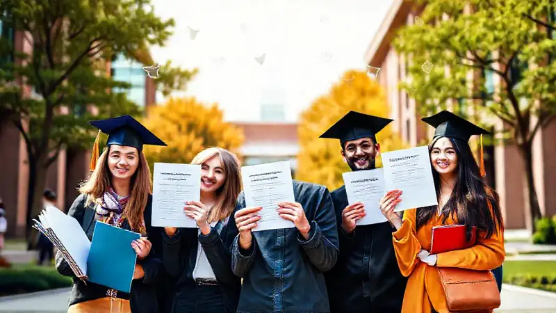 Estudiantes con becas en un campus moderno
