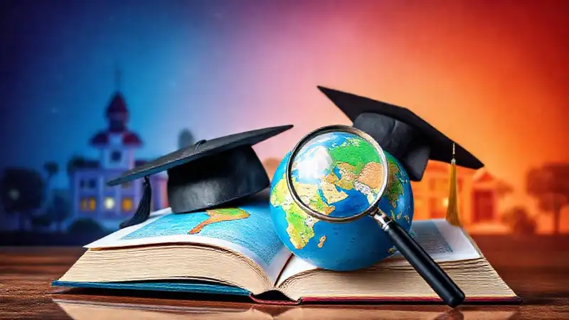 Libro abierto con mapa y símbolos educativos