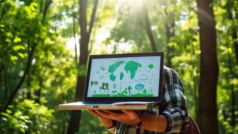 Estudiante con laptop en bosque inspirador y verde