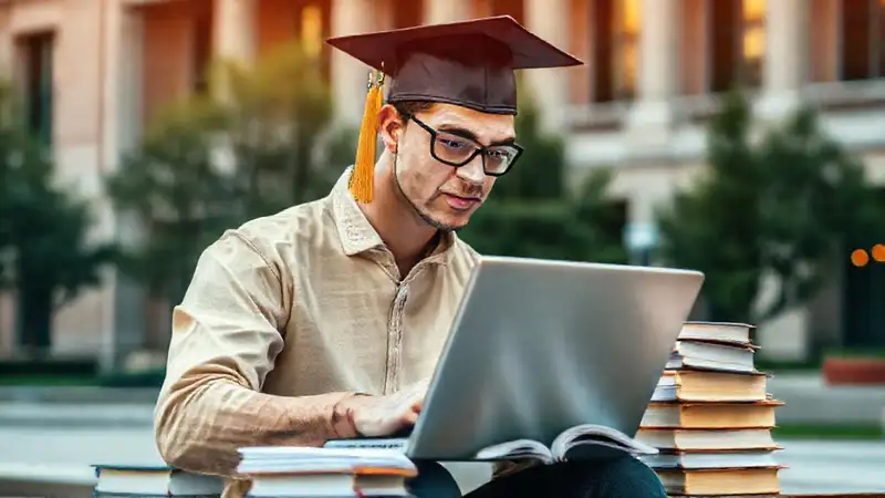 Estudiante estudiando economía en campus universitario