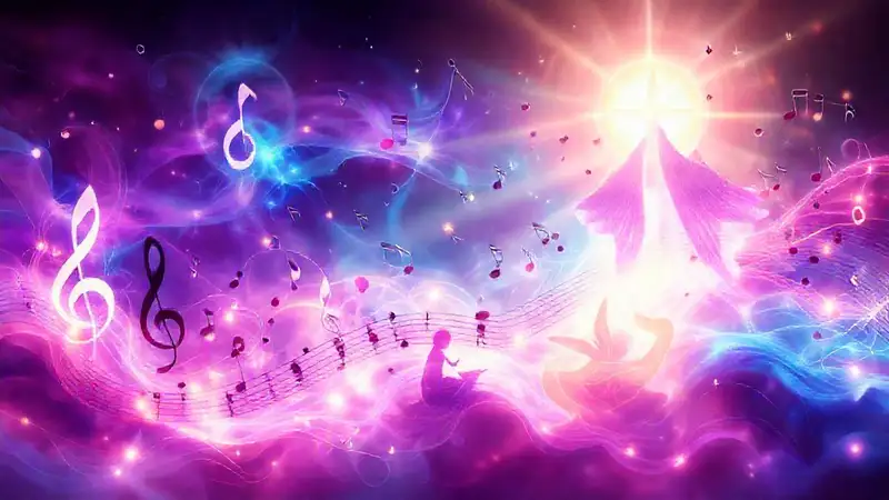 Arte moderno con símbolos espirituales y música