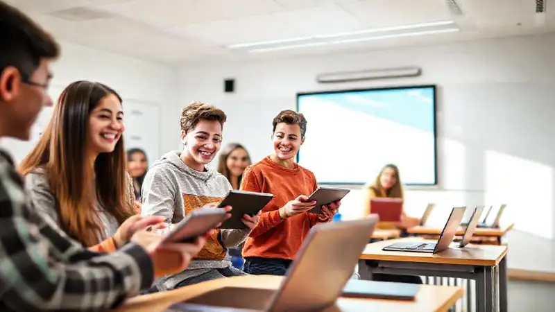 Estudiantes usan tecnología en aula moderna