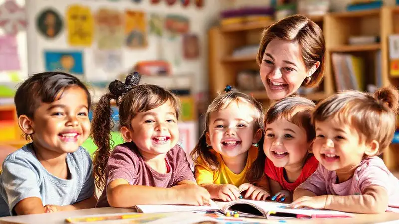 Niños felices en aula con maestra sonriente