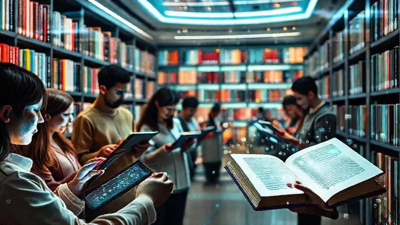 Biblioteca digital moderna con lectores interactuando