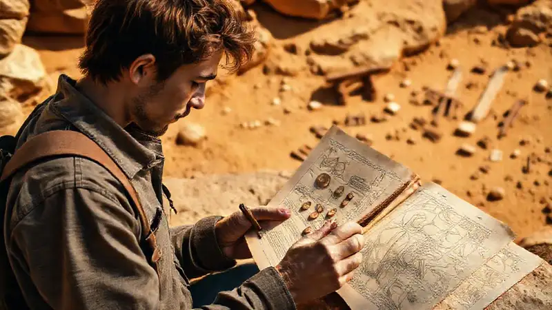 Estudiante investigando artefactos arqueológicos con detalle