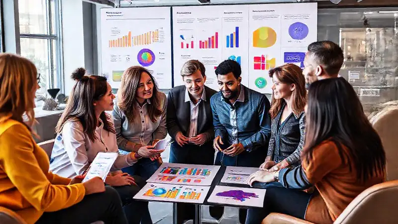 Grupo diverso discutiendo en entorno colaborativo moderno