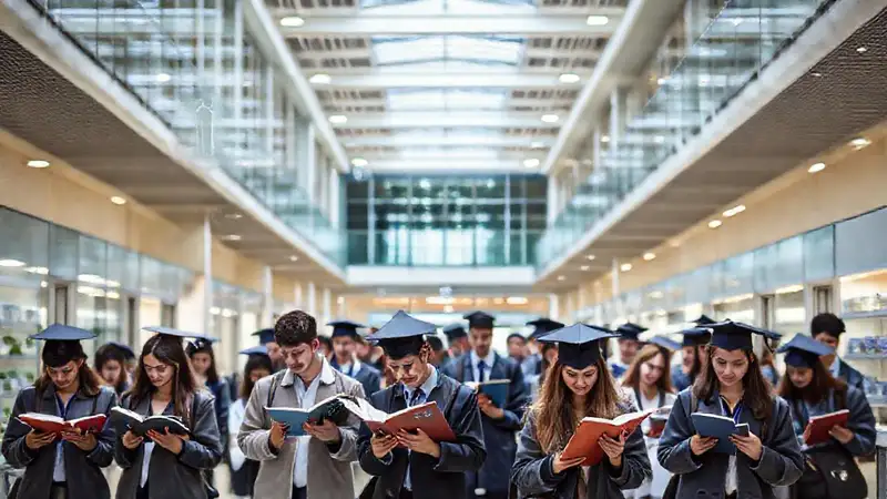 Campus universitario con estudiantes y símbolos académicos