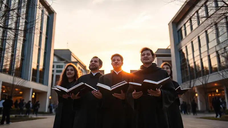 Estudiantes de teología en campus, inspirados y contemplativos