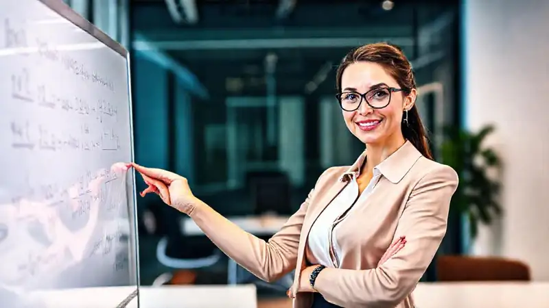 Mujer profesional presenta ecuaciones en blanco