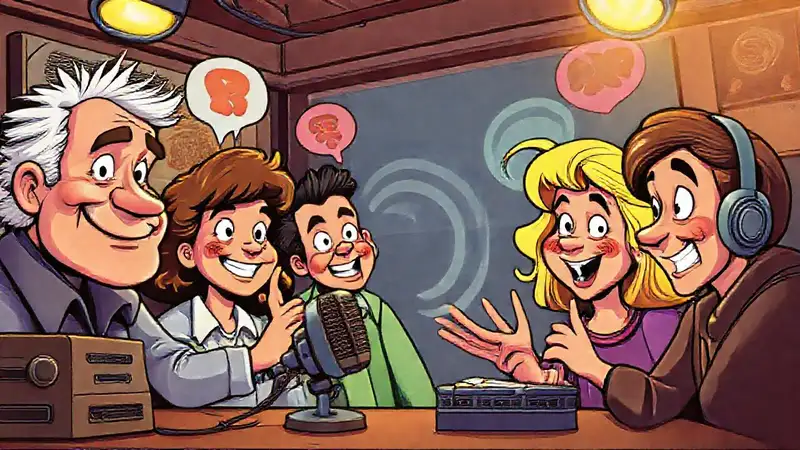 Estudio de radio con personajes expresivos y coloridos