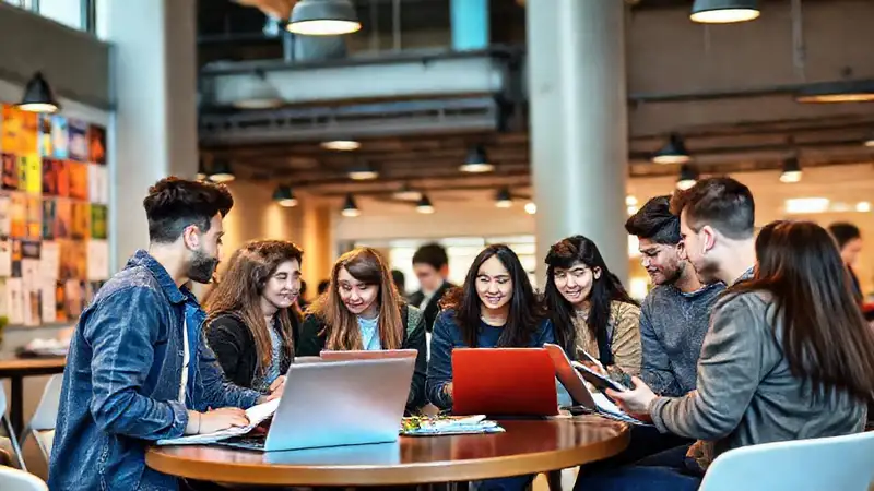 Estudiantes conectados en área moderna y colorida