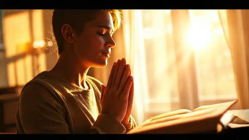 Persona en oración, paz, luz y Biblia