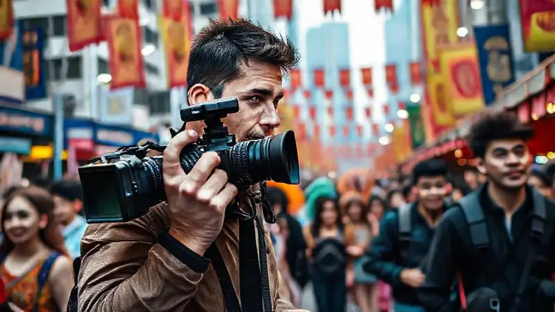 Periodista en festival colorido y animado urbano