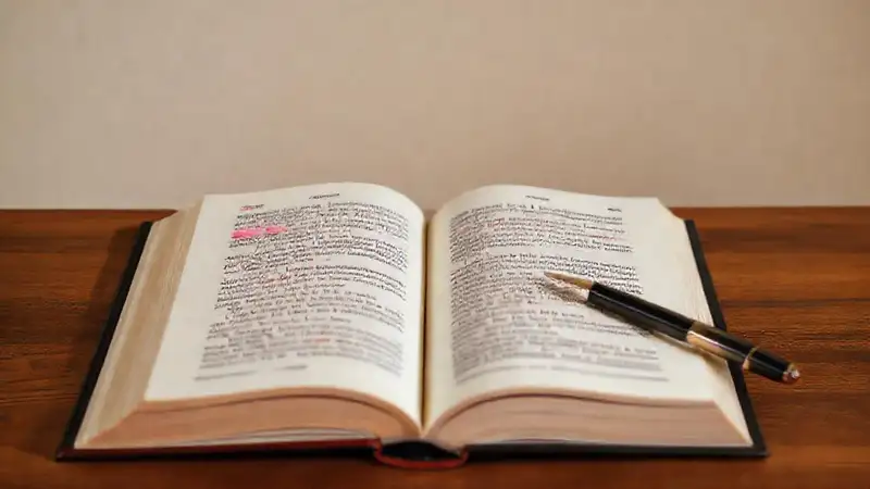 Libro abierto en escritorio con resaltados y pluma