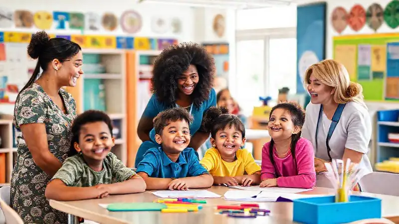 Maestros y alumnos en aula multicultural y vibrante
