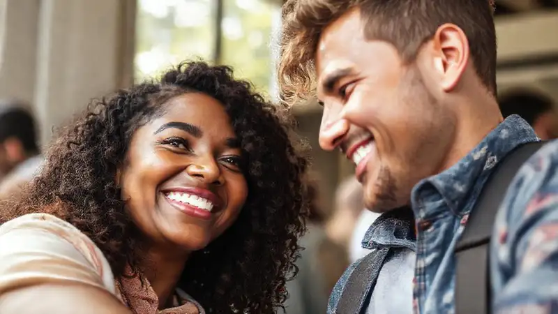 Dos personas sonrientes conectándose en cercanía