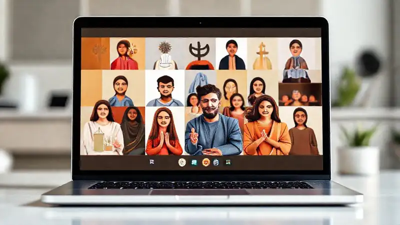 Laptop con íconos religiosos en aula virtual