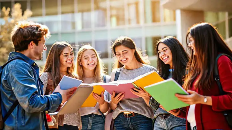 Estudiantes unidos en un campus vibrante y alegre