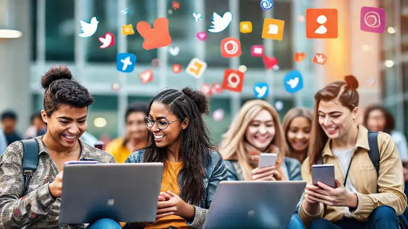 Estudiantes diversos conectados en entorno moderno