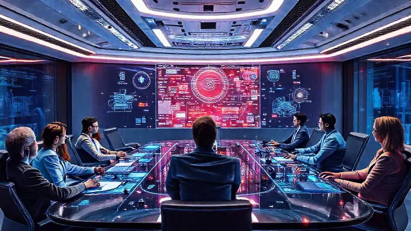 Sala futurista con hologramas y tecnología avanzada