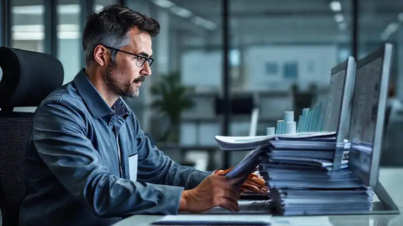 Investigador analizando datos en oficina moderna