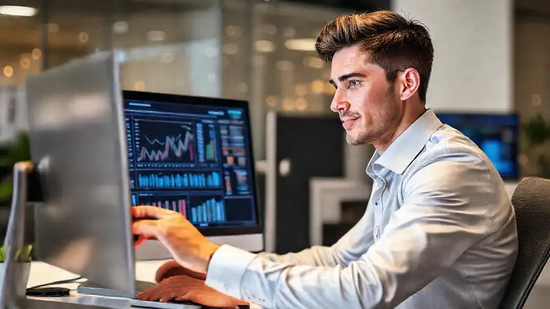 Economista joven analiza datos en oficina moderna