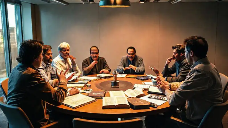 Personas debatiendo teológicamente en mesa redonda