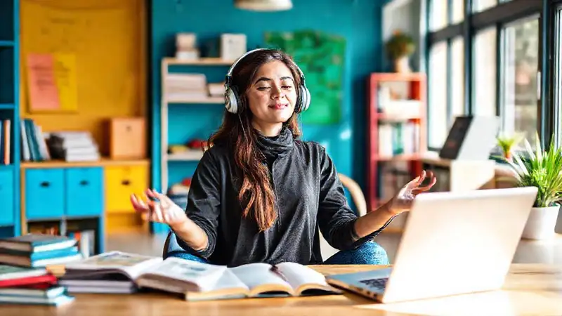 Joven meditando en espacio colorido y moderno