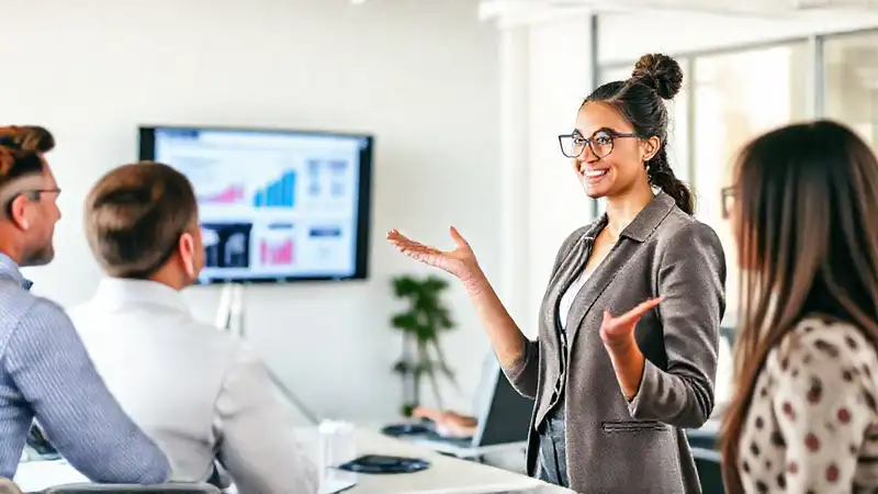 Mujer profesional presenta con confianza en oficina