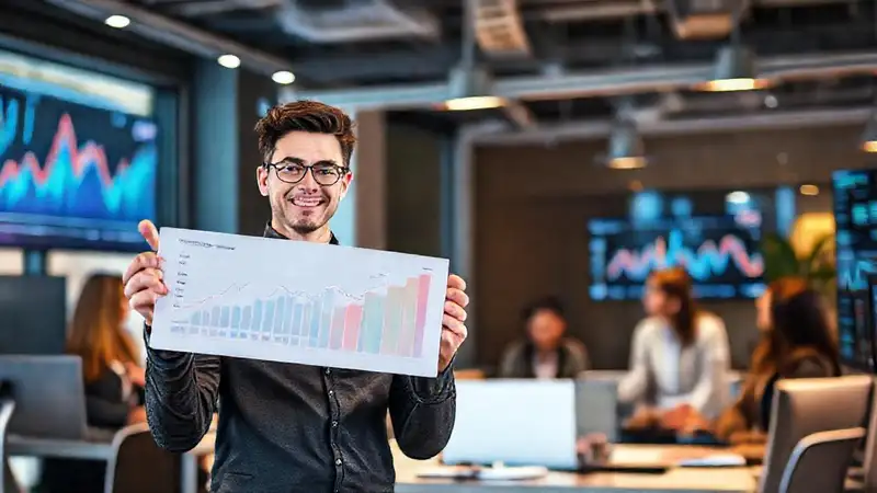 Joven profesional presenta gráficos en equipo moderno