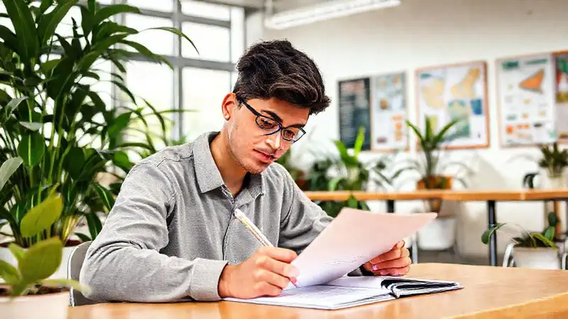Estudiante estudia en aula con plantas y posters