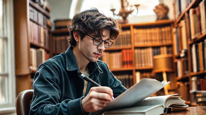 Estudiante concentrado en un ambiente literario acogedor