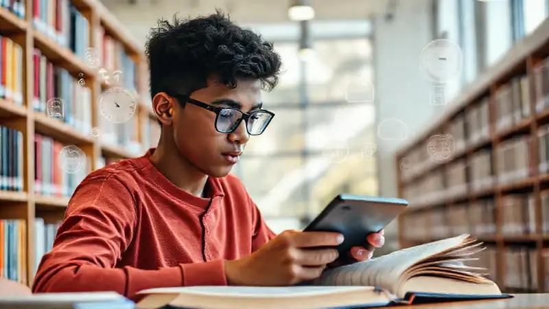 Estudiante estudia con tecnología y recursos digitales