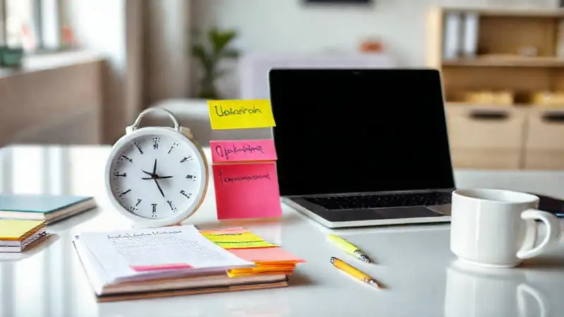 Escritorio ordenado con notas y reloj colorido