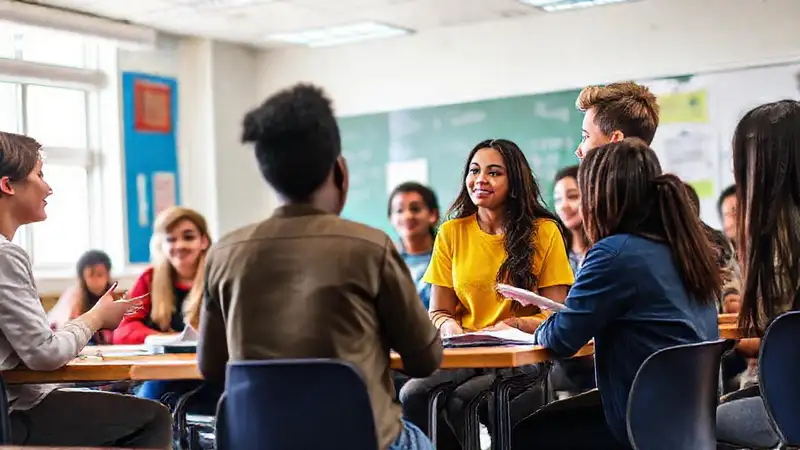 Estudiantes y docentes en aula participativa y vibrante