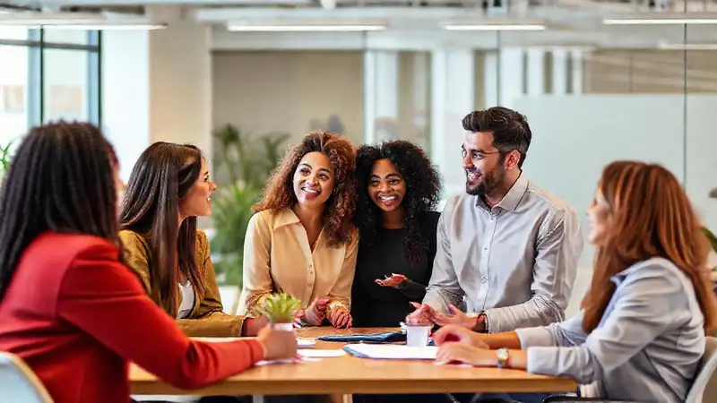 Equipo diverso colabora con comunicación positiva