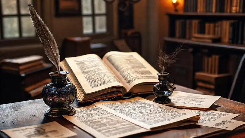 Estudio clásico con pluma y manuscrito antiguo