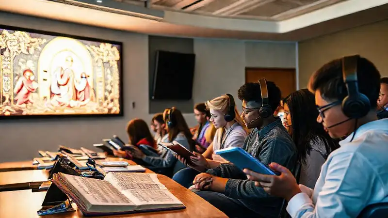 Estudiantes estudian teología con dispositivos digitales