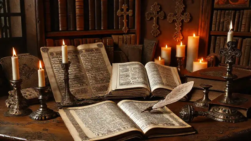 Estudio antiguo con objetos religiosos y paz