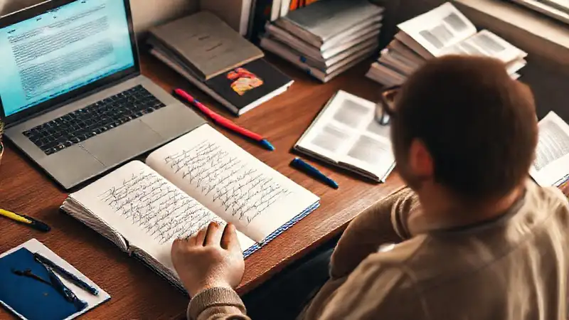 Estudiante estudia en escritorio organizado y brillante