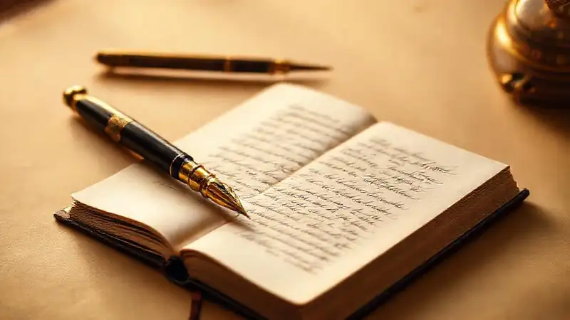 Pluma vintage y cuaderno con notas inspiradoras
