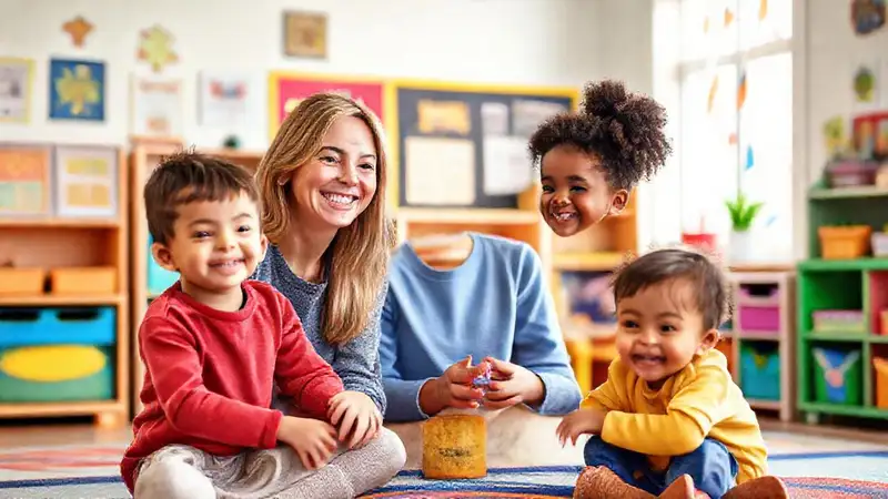 Aula colorida y acogedora con niños felices