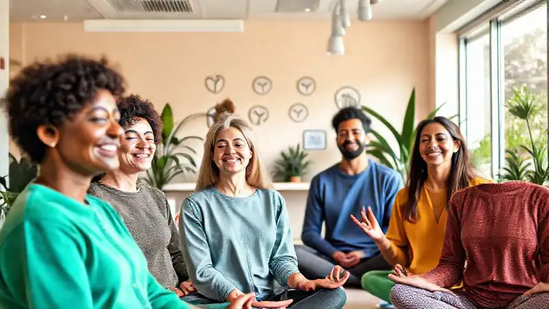 Grupo diverso practicando mindfulness en clima positivo