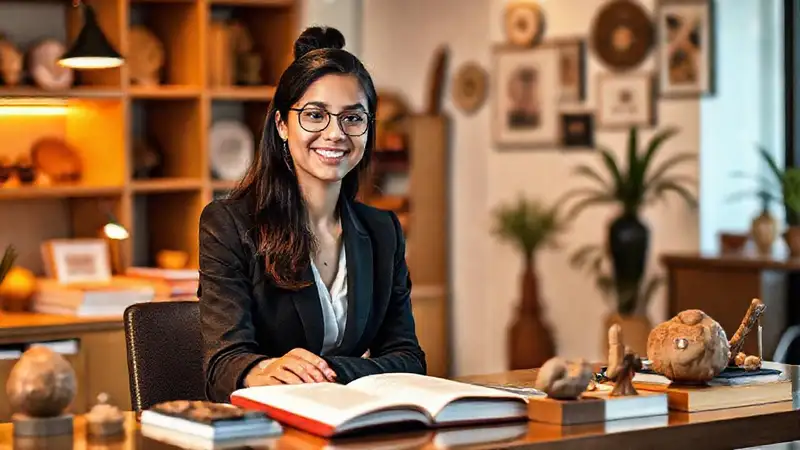 Estudiante confiado en entrevista con artefactos culturales