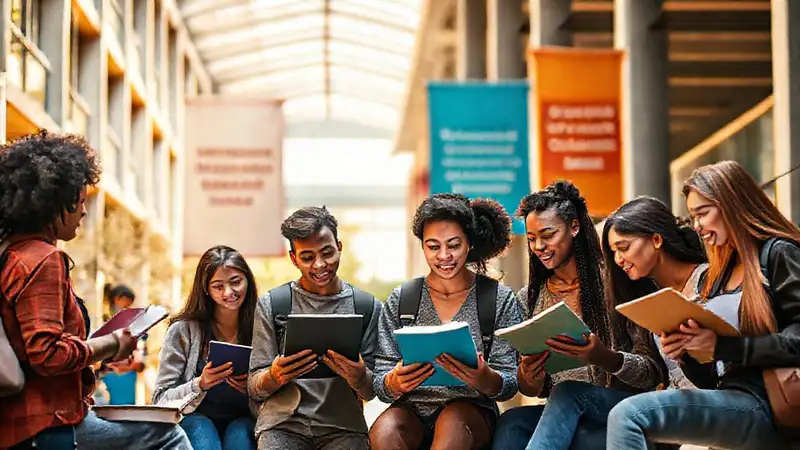 Estudiantes diversos estudian, motivados por crecimiento